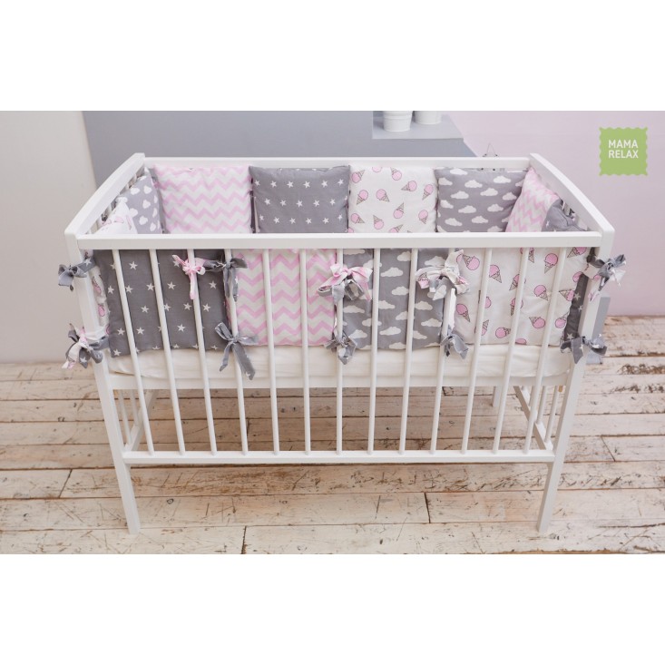 Купить бортики в кроватку Клубника со сливками со съемными чехлами 12 шт Mama Relax в магазине Lux Postel