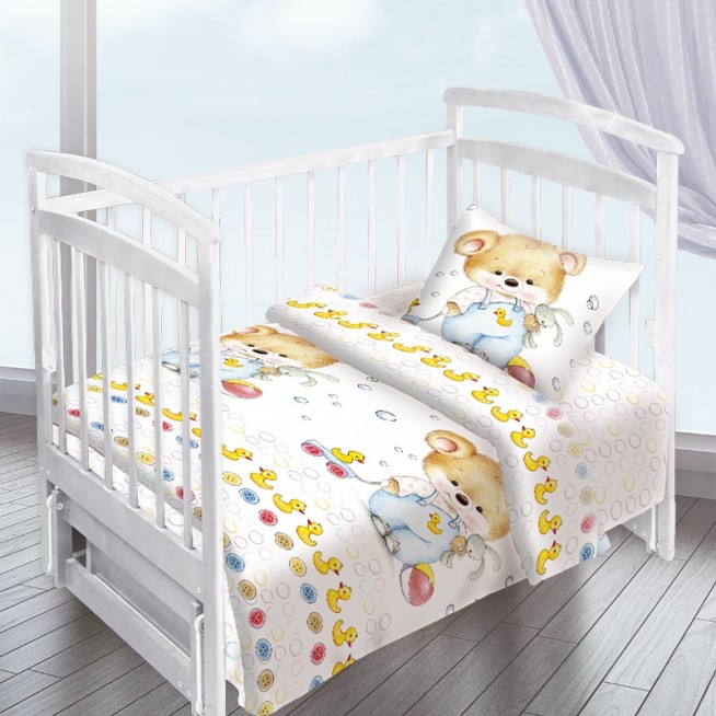 Постельное белье детское в кроватку поплин Вальтери Мишка с уточкой