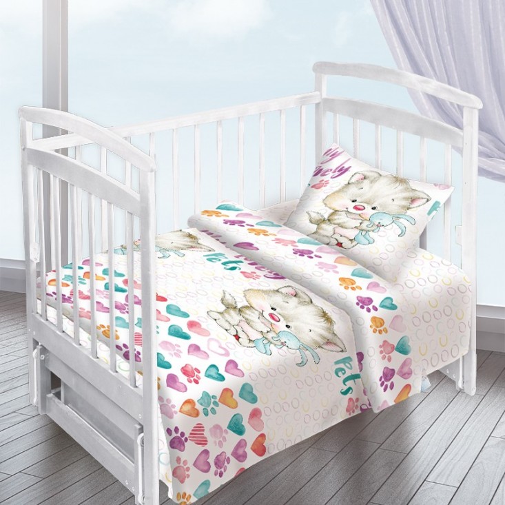 Постельное белье детское в кроватку поплин Вальтери Котенок с зайкой